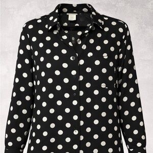 La Redoute Women Black Polka Dot Rayon Button Blouse Shoulder Pads Sz 12 Vintage
